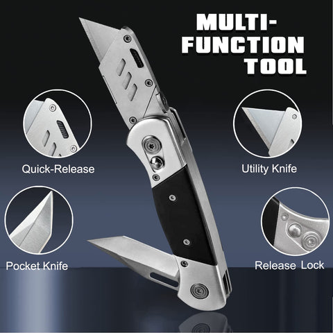 Heavy-duty box-cutter with quick-change blades for fast replacements.