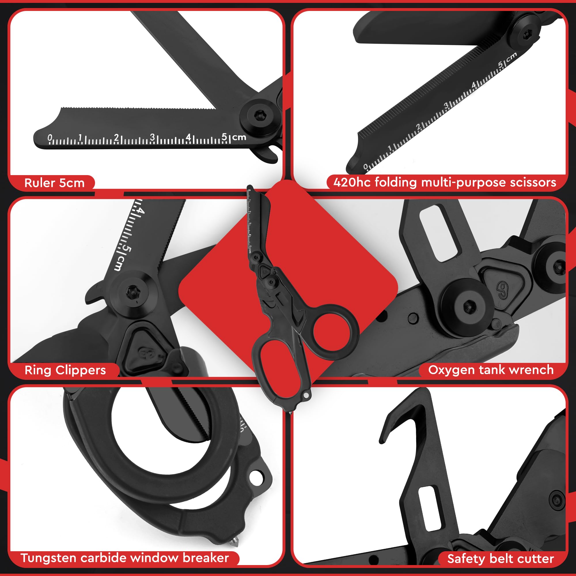 Heavy Duty stainless steel trauma shears cutting fabric and belts in outdoor use.