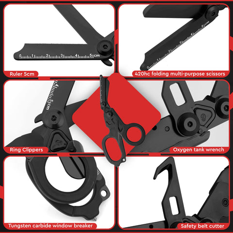 Heavy Duty stainless steel trauma shears cutting fabric and belts in outdoor use.
