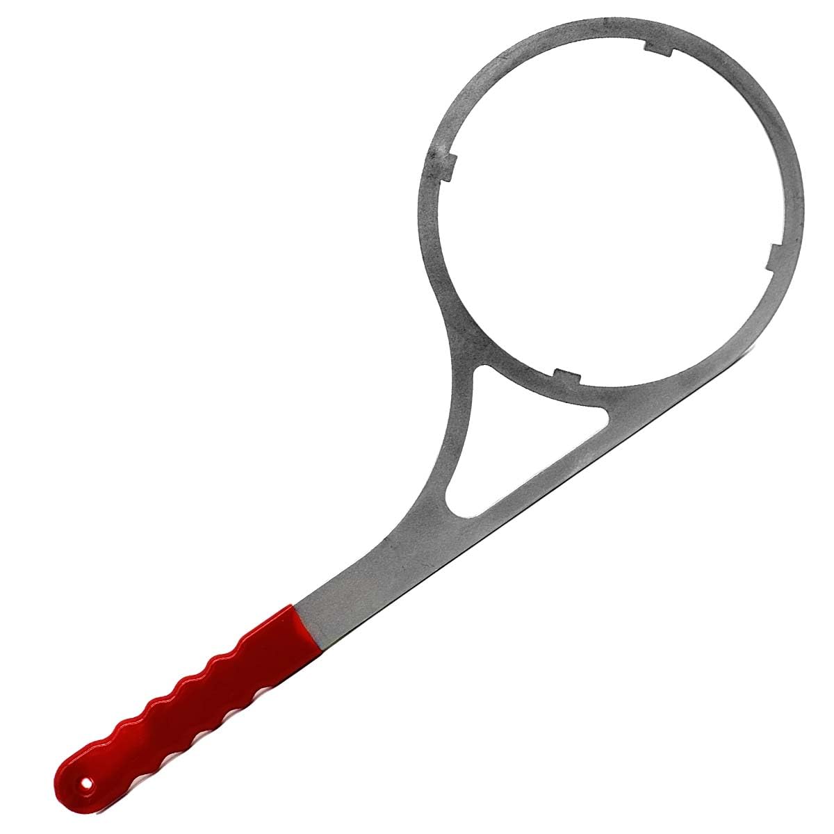 Heavy metal wrench with extended rubber-wrapped handle for comfortable grip during filter housing removal