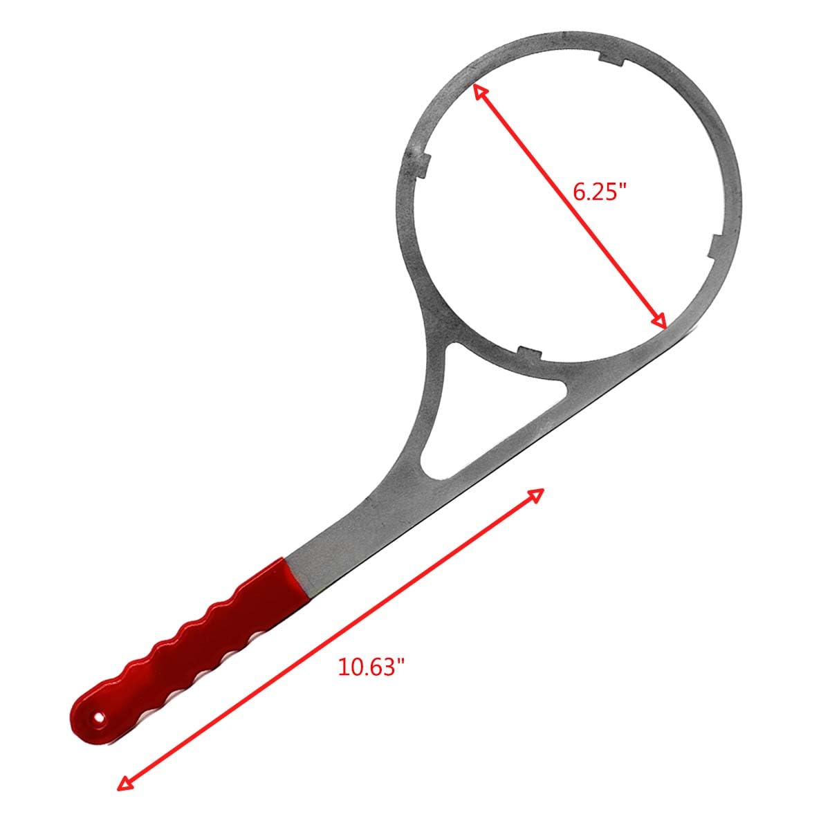 Heavy metal wrench shows 6.25 inch inside diameter for tough filter housing work
