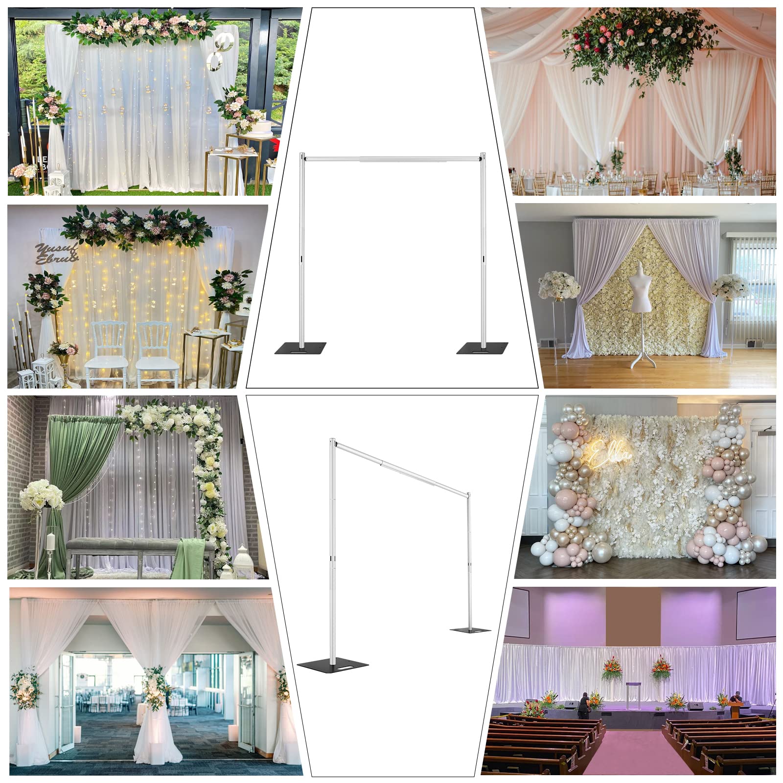 Hecis crossbar and hangers support curtains, lights, and decor.