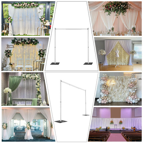 Hecis crossbar and hangers support curtains, lights, and decor.