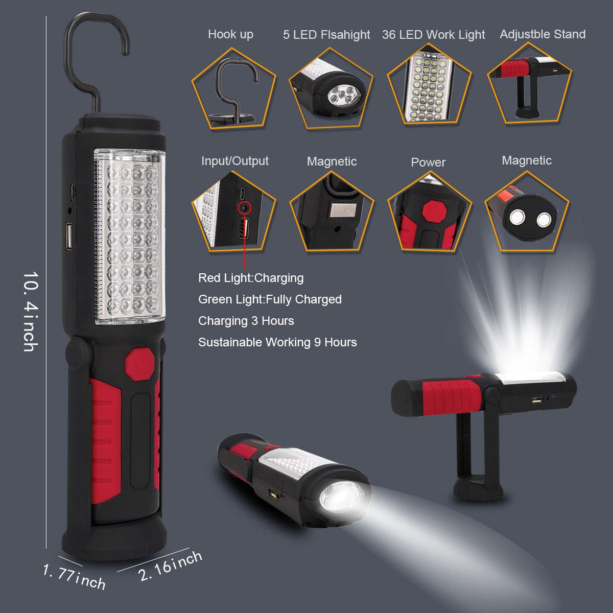 HEDAQI work light showing 360-degree swivel hook for flexible mounting in any workspace.