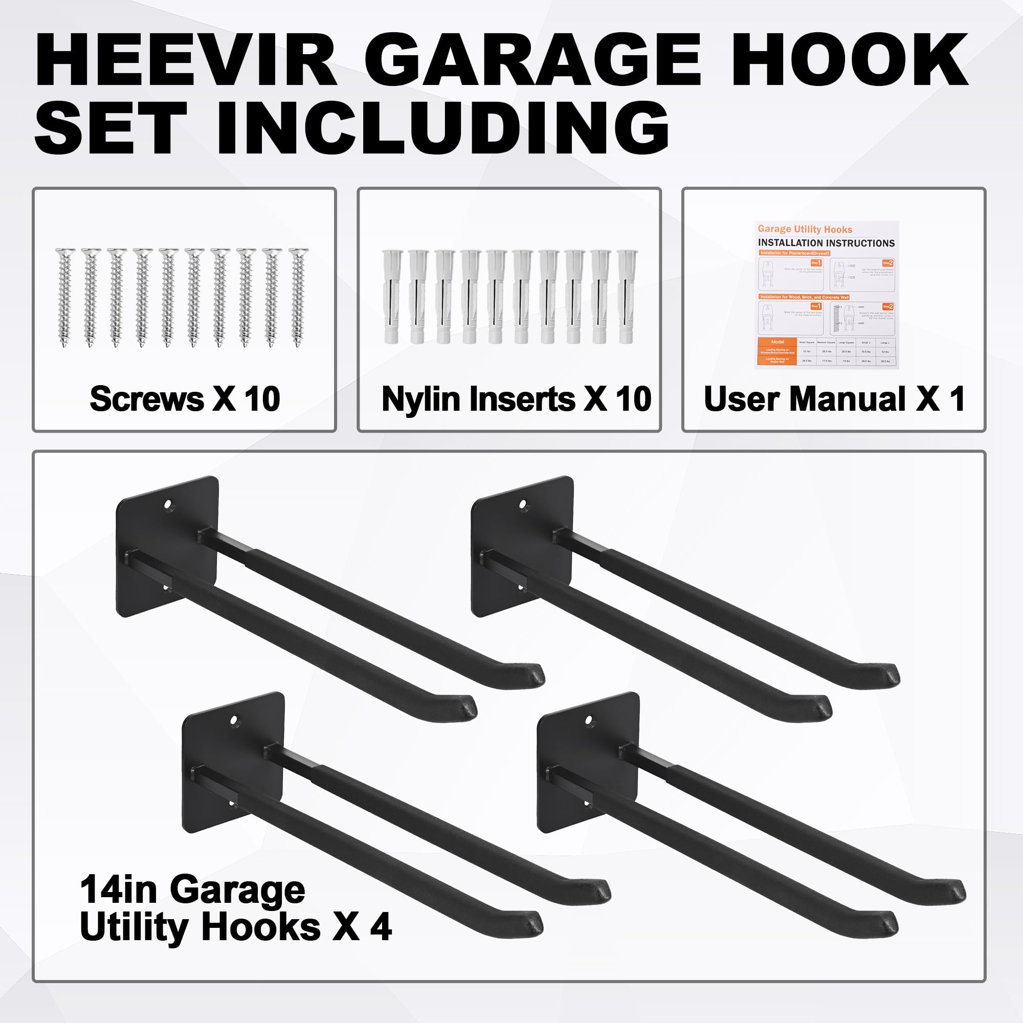 Heevir 14-inch hook demonstrates space-saving storage for bulky items.