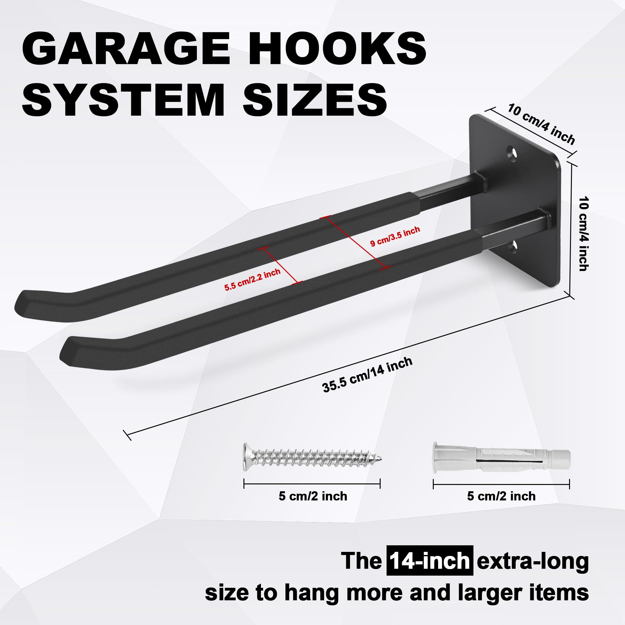 Heevir 4-pack garage hooks mounted on wall for organized storage.