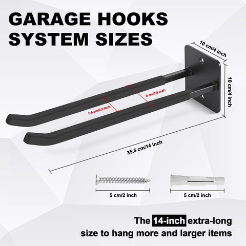 Heevir 4-pack garage hooks mounted on wall for organized storage.