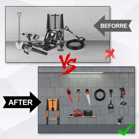 Heevir garden tool storage hooks keep tools within reach in the workshop.