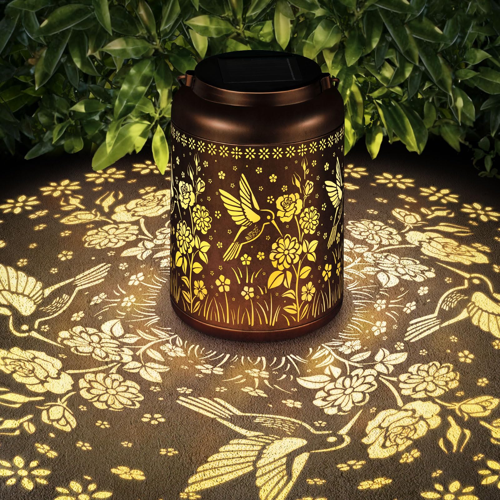 HEGUD solar lantern featuring hummingbird rose design for warm garden lighting