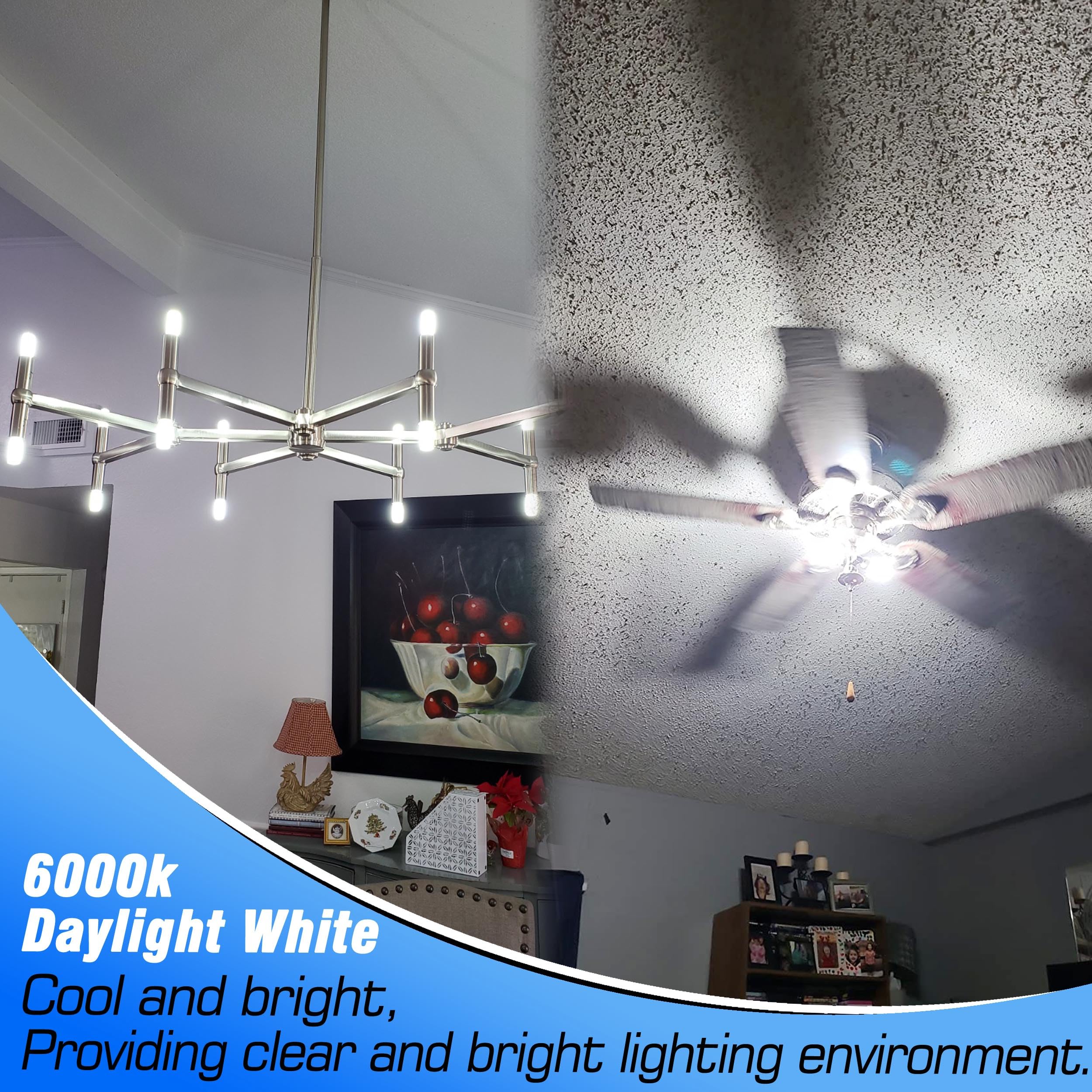 Heifymi E17 bulb installed in a ceiling fan light for steady daylight
