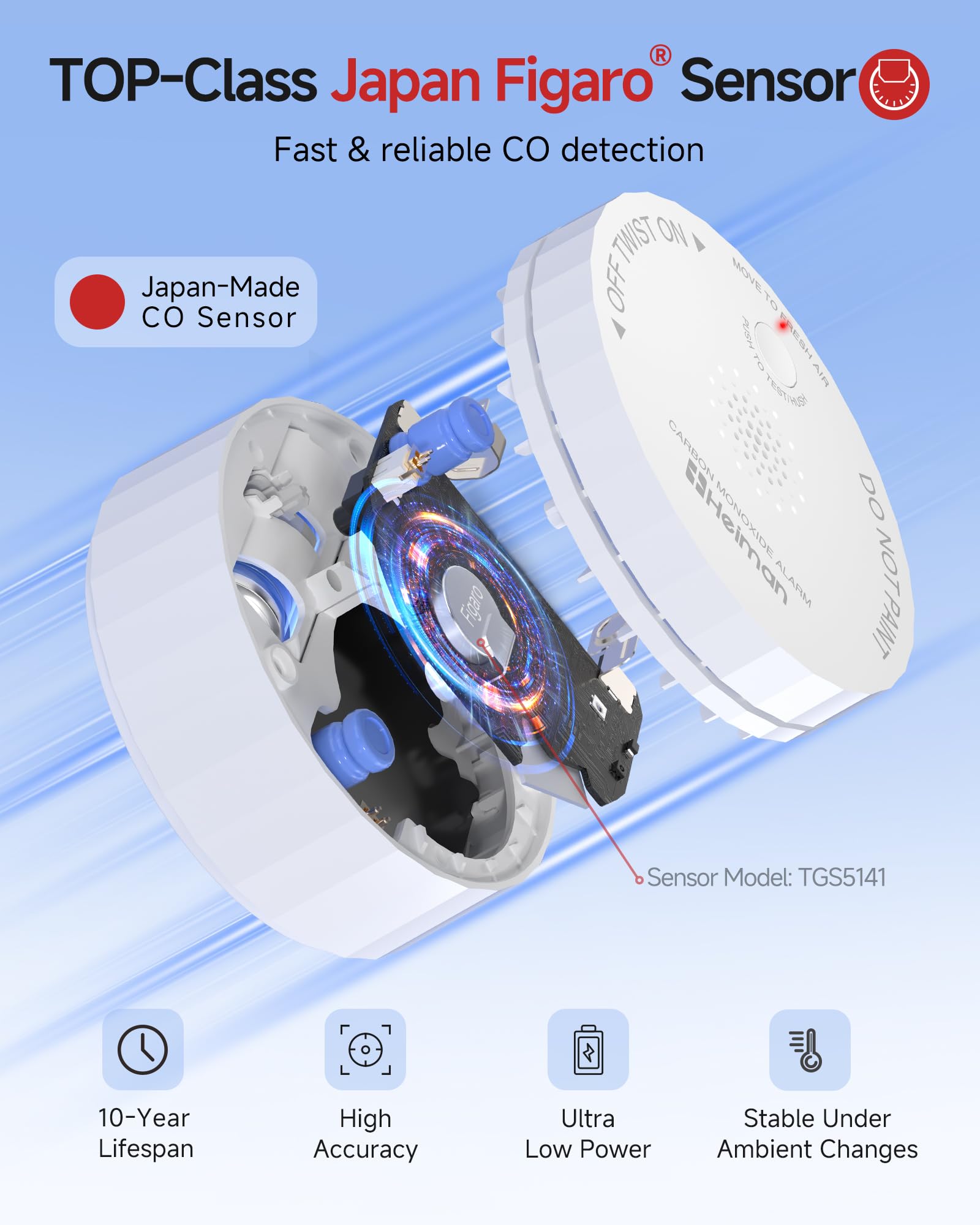 HEIMAN battery-powered alarm designed for long life with minimal replacements.
