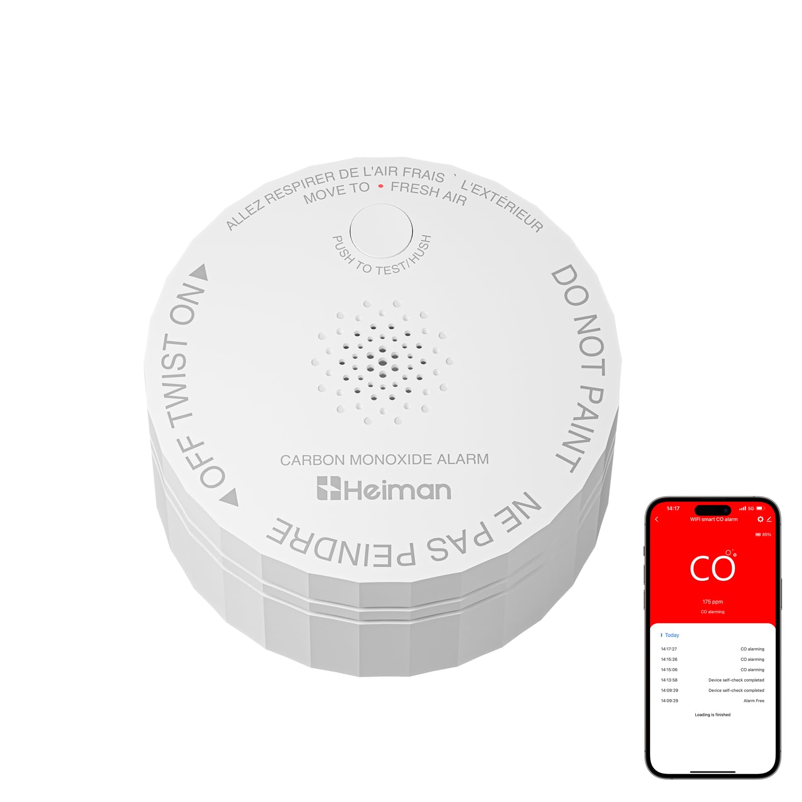 HEIMAN Smart Carbon Monoxide Detector with Wi-Fi connects to apps for remote alerts.
