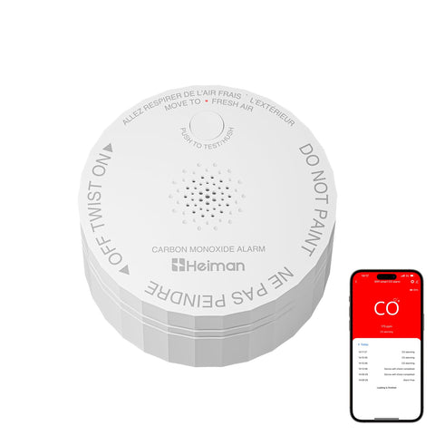 HEIMAN Smart Carbon Monoxide Detector with Wi-Fi connects to apps for remote alerts.