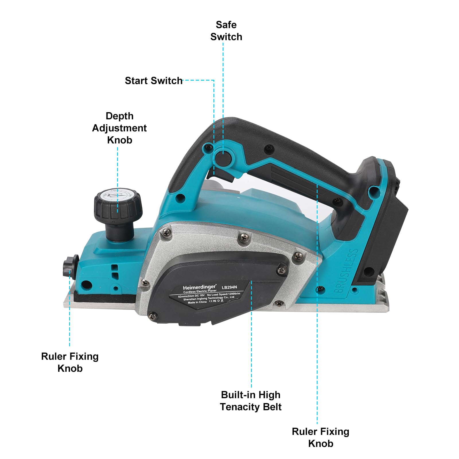 Heimerdinger planer battery compatibility close-up showing Makita 18V battery fit.