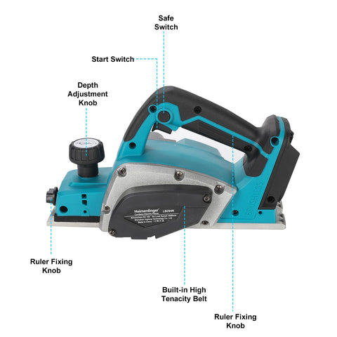 Heimerdinger planer battery compatibility close-up showing Makita 18V battery fit.