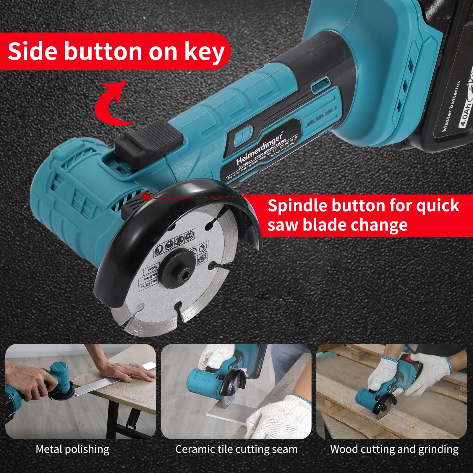 Heimerdinger angle grinder with a 3-inch disc allows versatile cutting and grinding.
