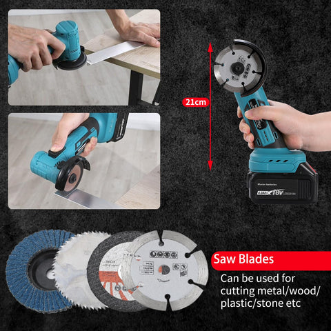 Heimerdinger angle grinder compatible with Makita 18V LXT batteries (not included) for flexible cordless setup.
