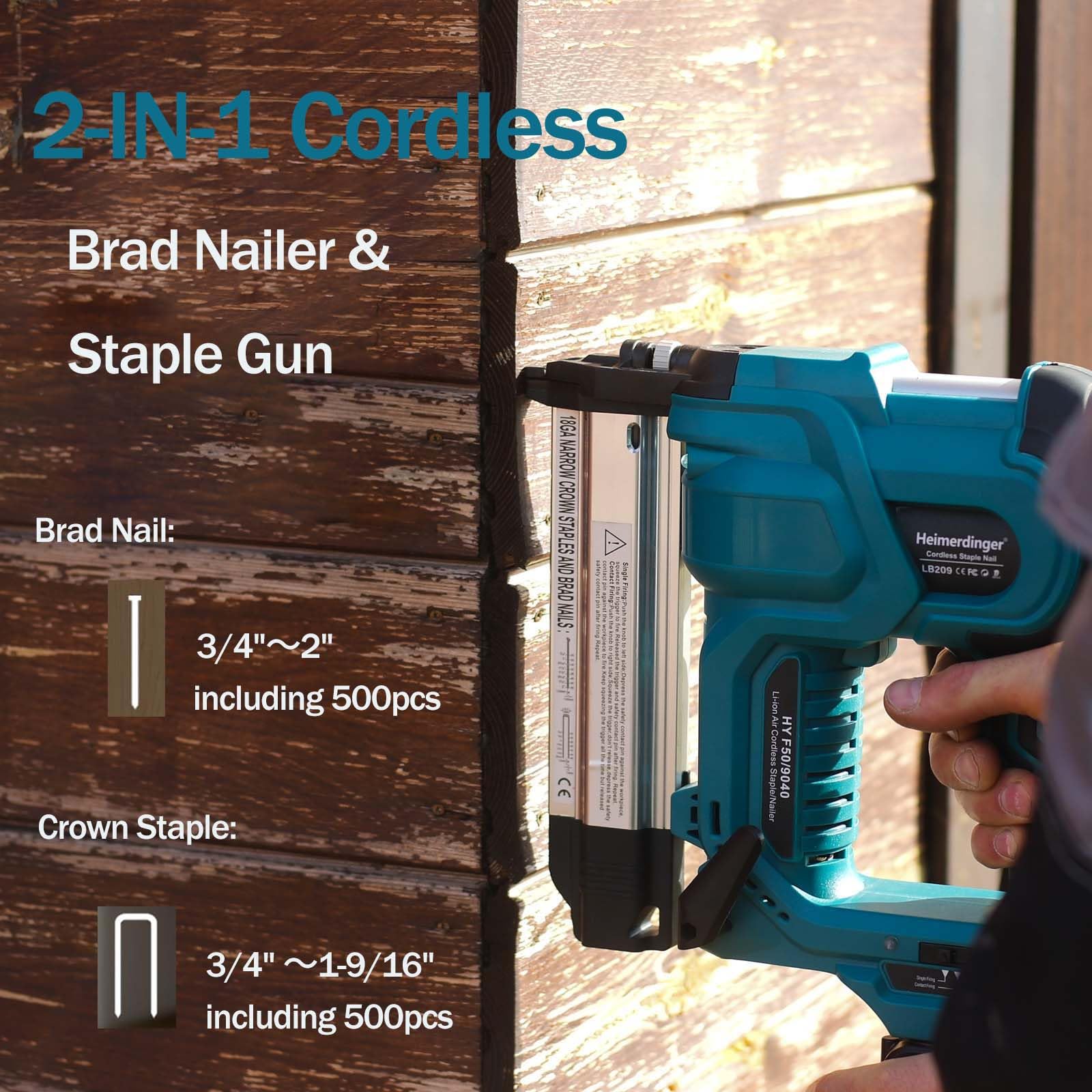Heimerdinger cordless 2in brad nailer in action on woodwork for quick fixtures.