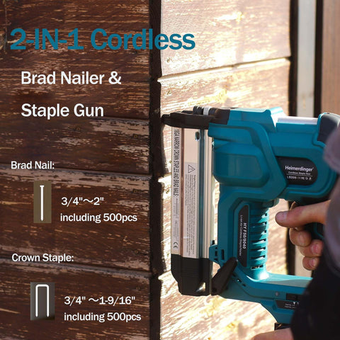 Heimerdinger cordless 2in brad nailer in action on woodwork for quick fixtures.