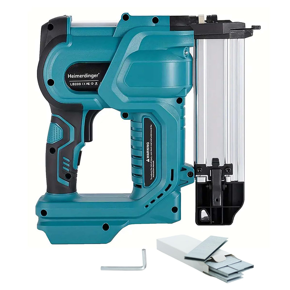 Heimerdinger cordless 2in brad nailer with Makita battery for portable carpentry.