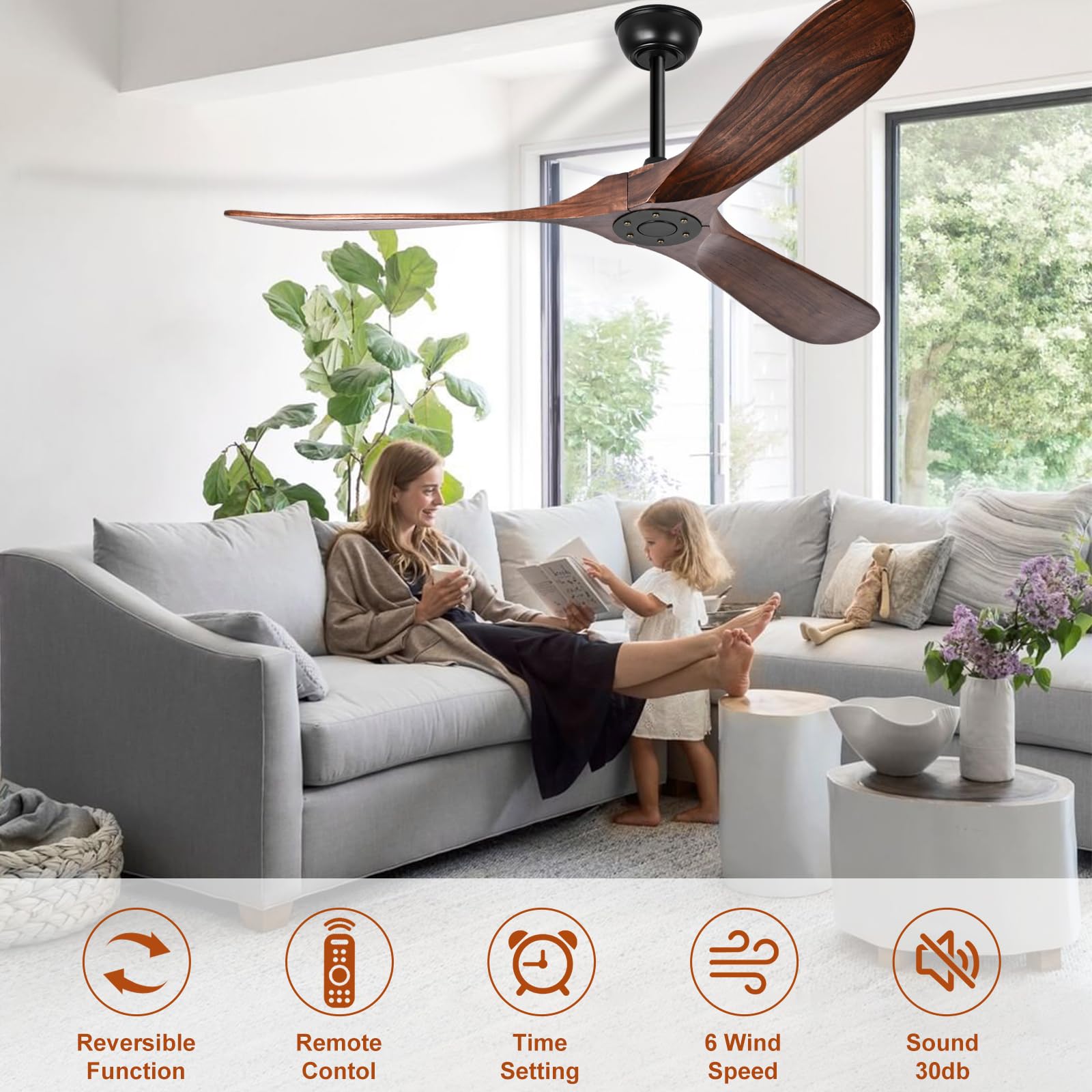 Heimo 52-inch walnut wood fan side view showing slim profile for bedrooms.