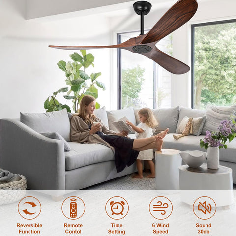 Heimo 52-inch walnut wood fan side view showing slim profile for bedrooms.
