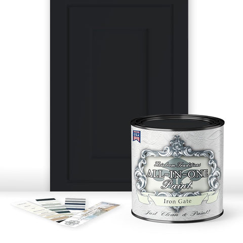 Heirloom Traditions ALL-IN-ONE paint on a cabinet in Iron Gate black for durable coverage.