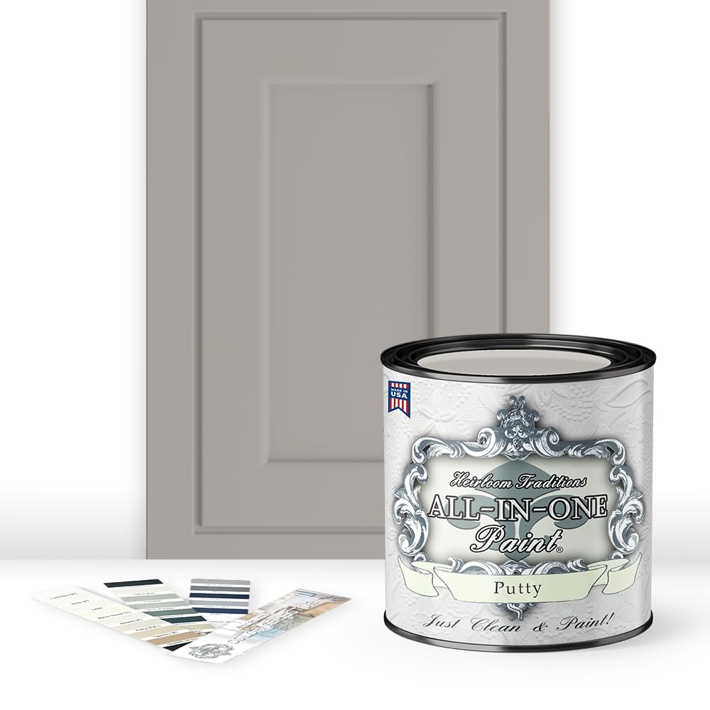Heirloom Traditions ALL-IN-ONE Putty paint bottle shows easy coverage and no-sanding prep.