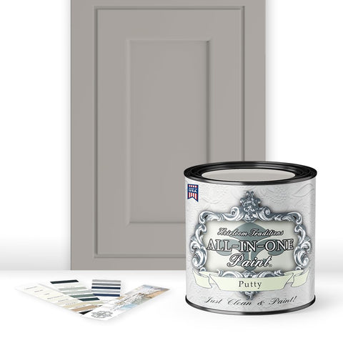 Heirloom Traditions ALL-IN-ONE Putty paint bottle shows easy coverage and no-sanding prep.