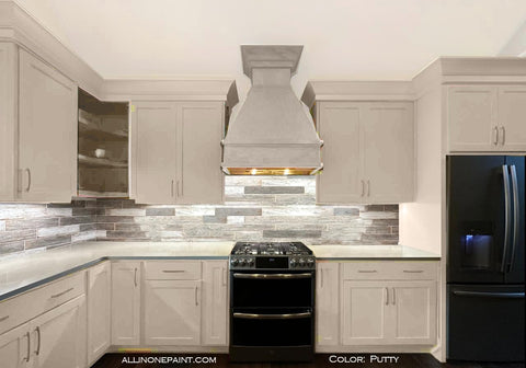 Heirloom Traditions ALL-IN-ONE Putty color card previews light taupe in natural light.