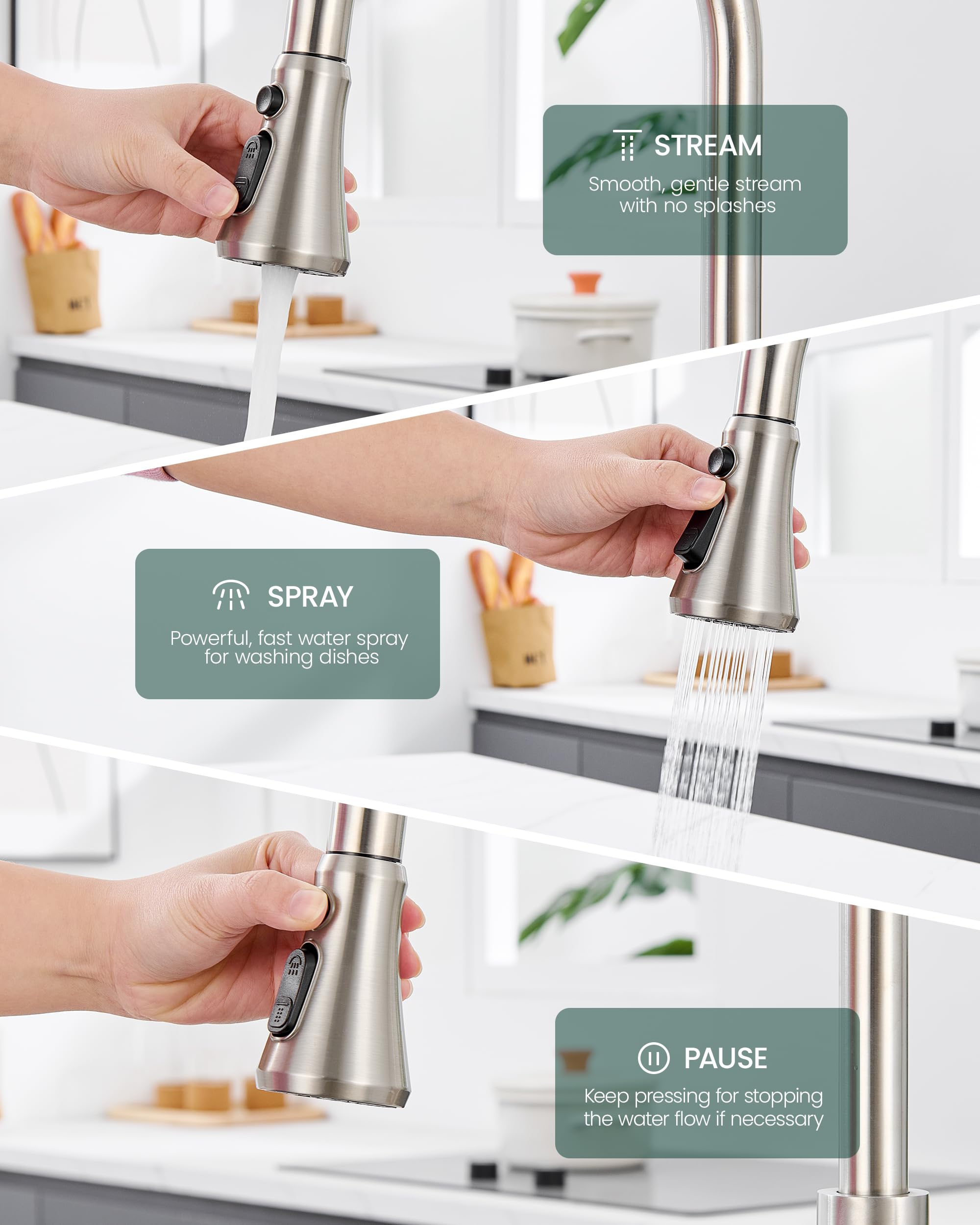 HEISOK 3-function sprayer in action offers versatile kitchen tasks