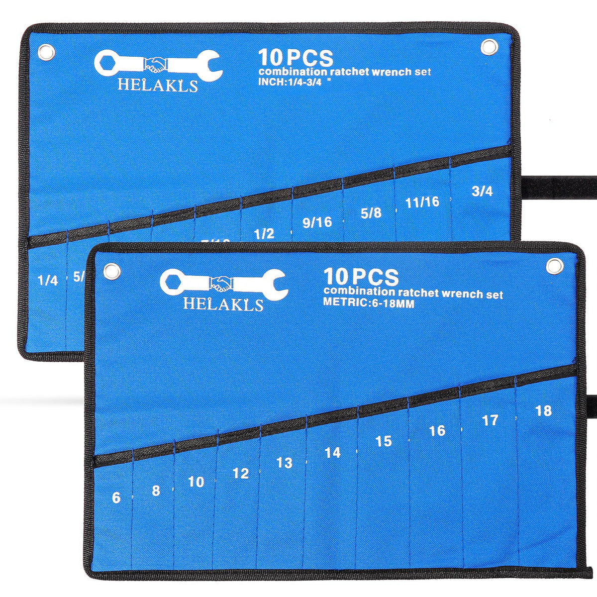 HELAKLS wrench roll with 10 SAE pockets for organized, portable tool access.