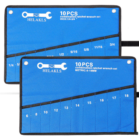 HELAKLS wrench roll with 10 SAE pockets for organized, portable tool access.