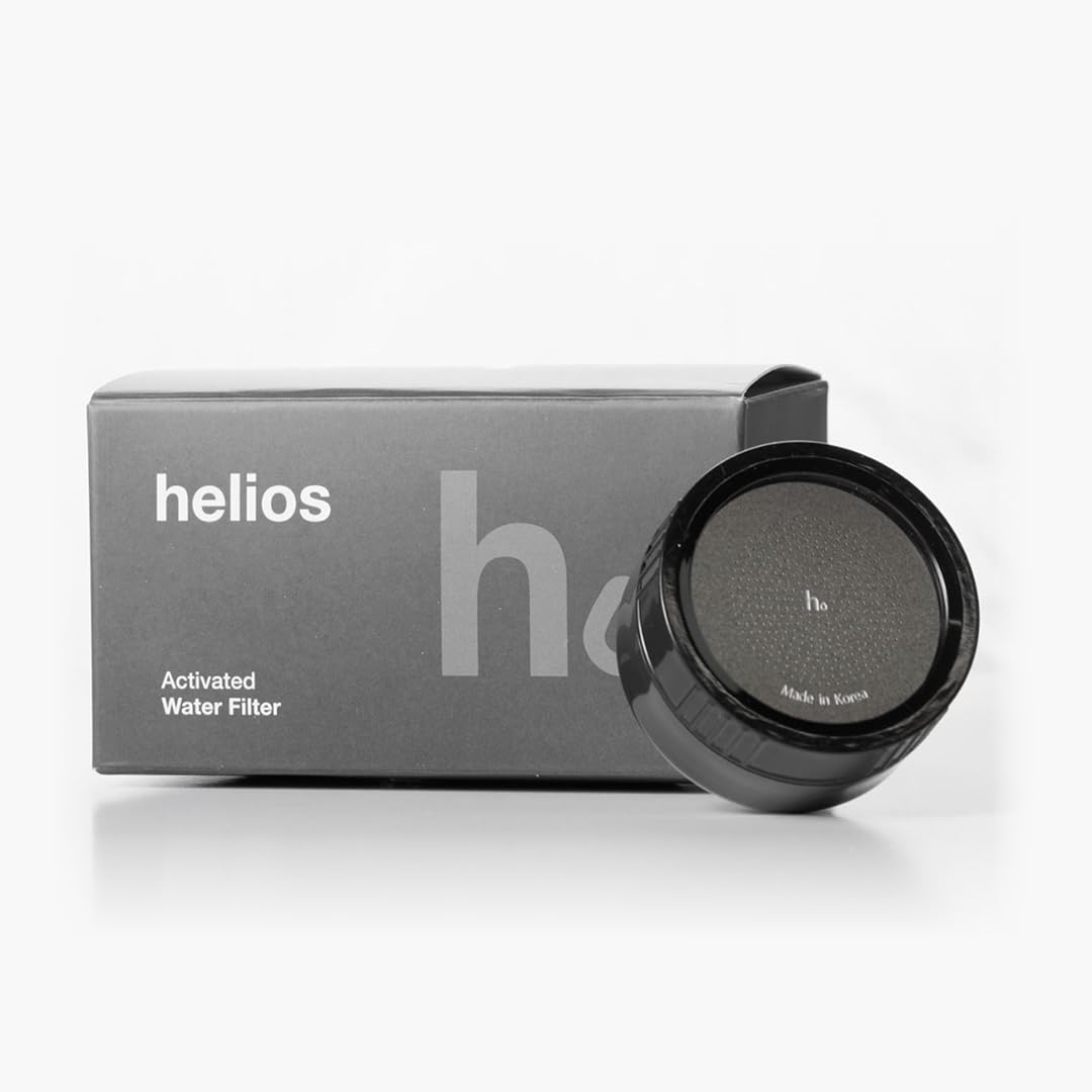 Helios Filter bathroom sink filter product shot showing sleek black design for cleaner tap water.