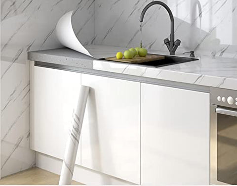 HELLKIT marble wallpaper on shelves demonstrating seamless adhesion
