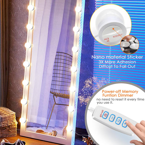 Close-up of HELOIE LED bulbs and PC shade on a vanity strip.