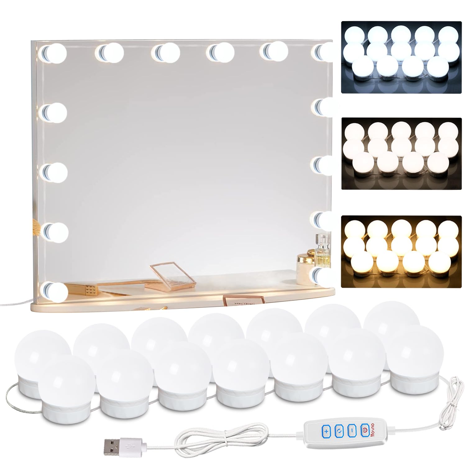 HELOIE vanity lights illuminate a long mirror for precise makeup.