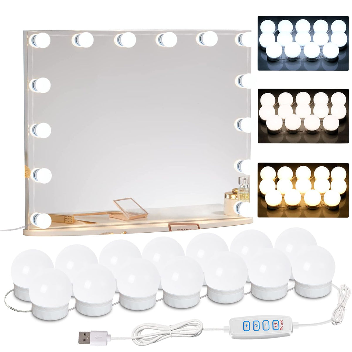 HELOIE vanity lights illuminate a long mirror for precise makeup.