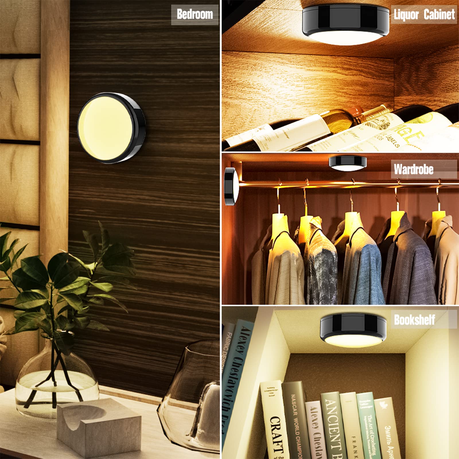 HELPLEX puck light uses 3M adhesive pads for clean mounting.