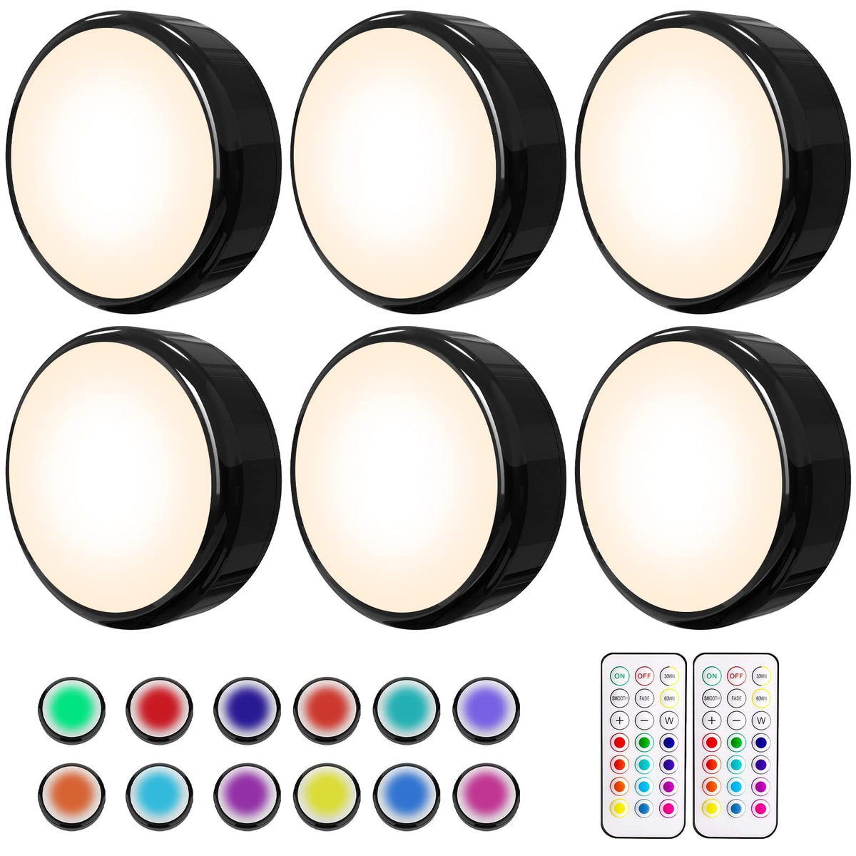 HELPLEX LED puck light with remote enables easy, hands-free brightness adjustments.