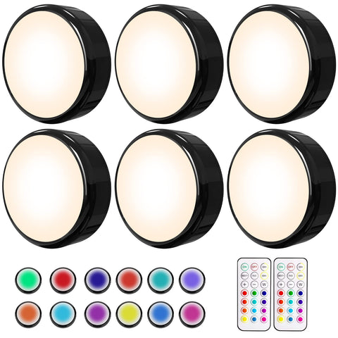 HELPLEX LED puck light with remote enables easy, hands-free brightness adjustments.