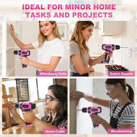 HelpSet pink toolbox keeps drill and bits neatly organized.