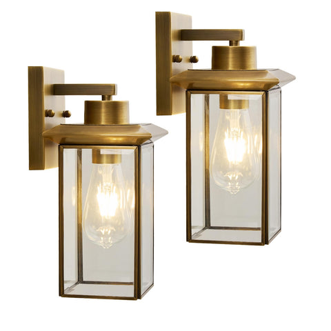 Hemali brass outdoor wall light front view for inviting curb appeal with warm exterior lighting.