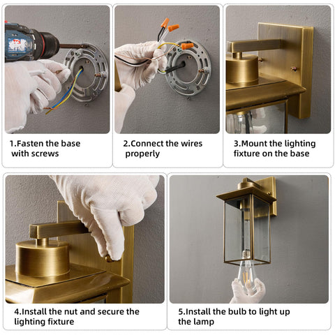 Hemali brass outdoor wall light installed on wall demonstrates simple, beginner-friendly mounting.