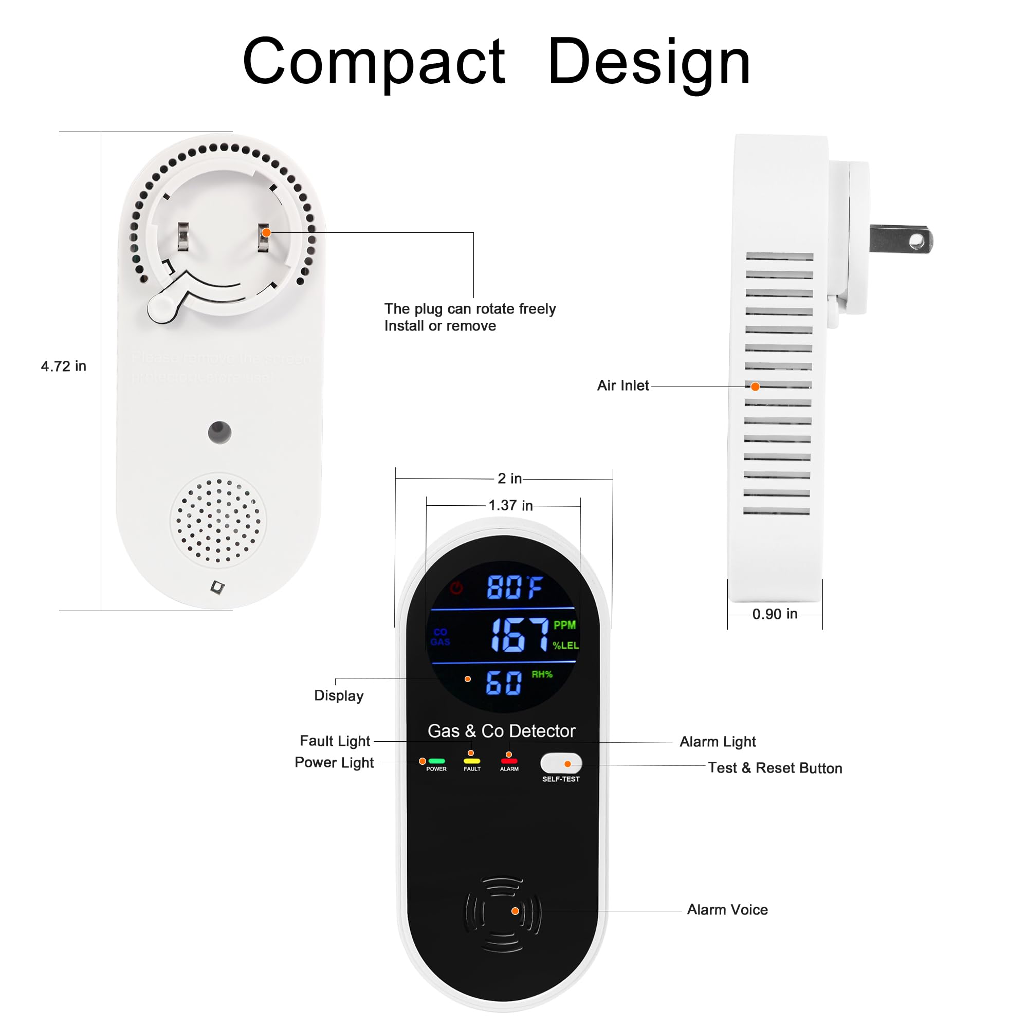 Hembisen 3-pack with color display illustrating detected gas and CO levels.