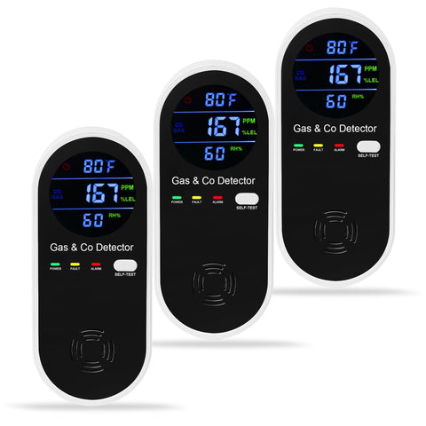 Hembisen 3-pack plug-in detector front view with real-time gas and CO monitoring.