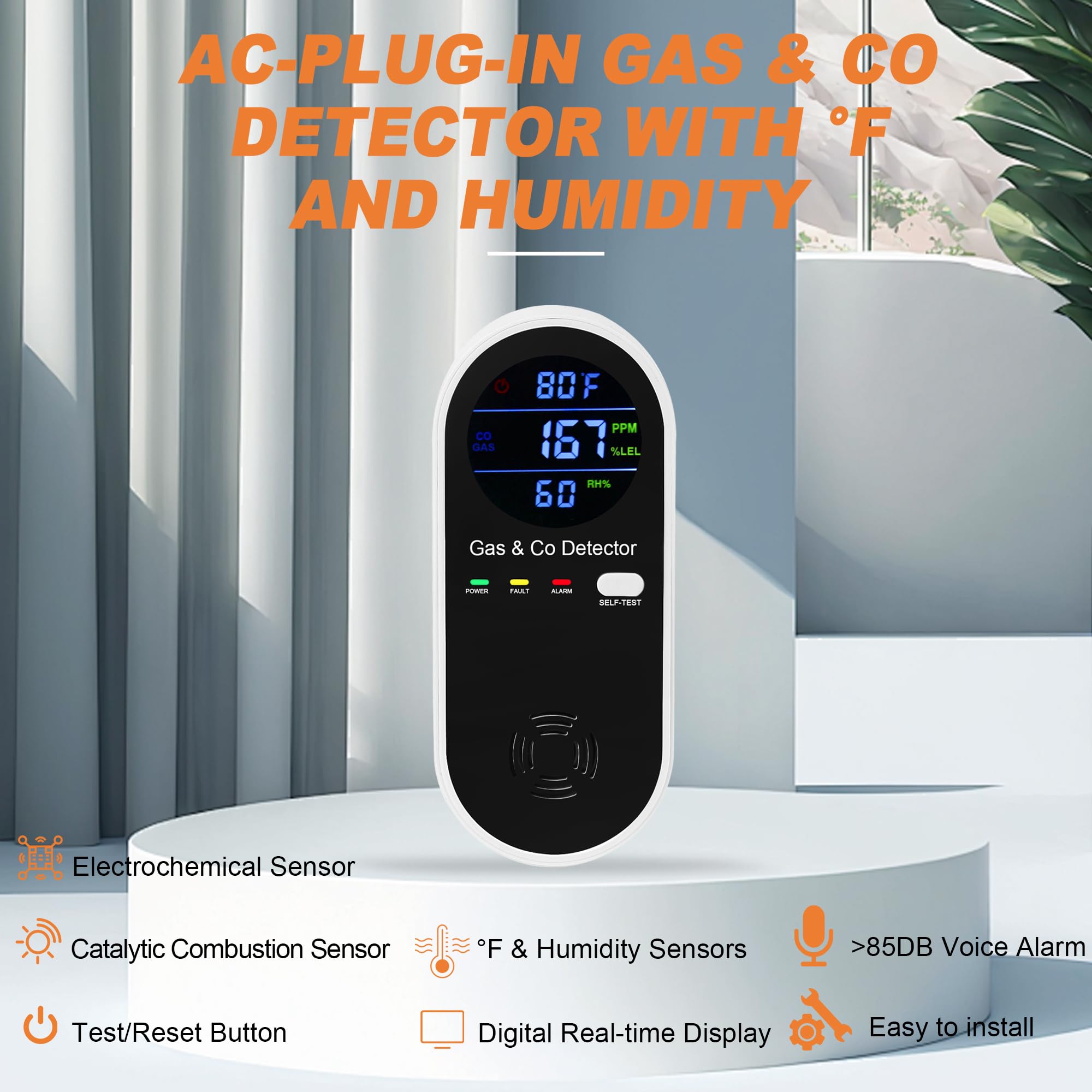 Hembisen detector showing temperature and humidity readouts in a home setting.