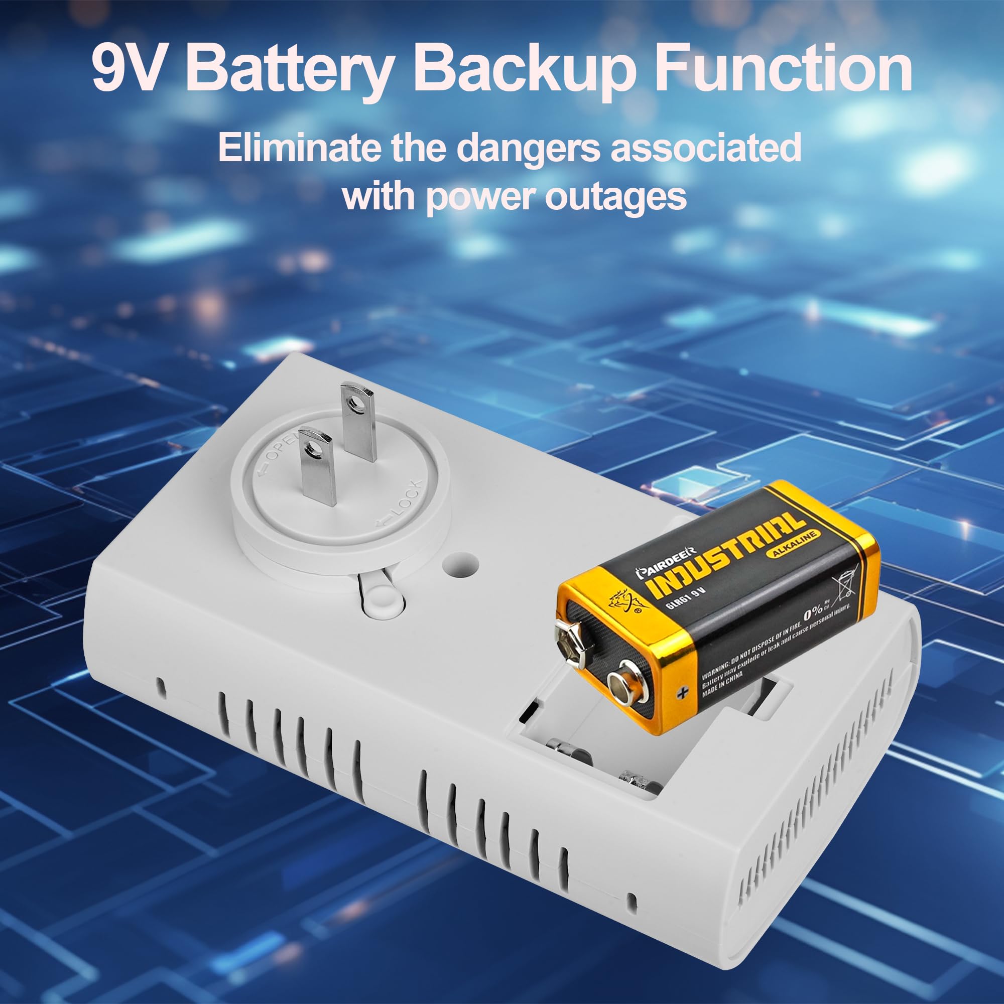 Hembisen backup power keeps protection during outages with a battery slot