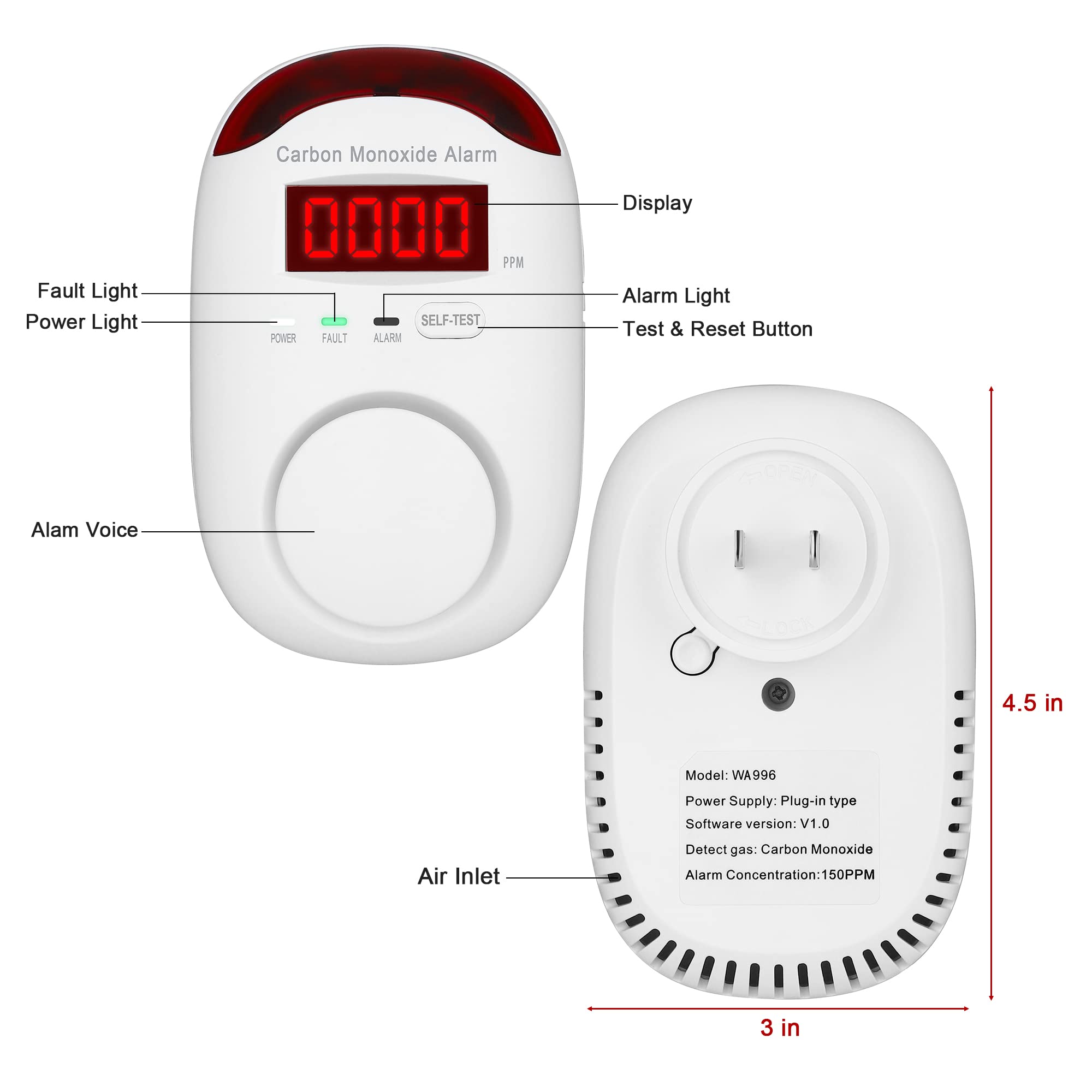Hembisen CO detector with 85dB alarm to prompt quick response.
