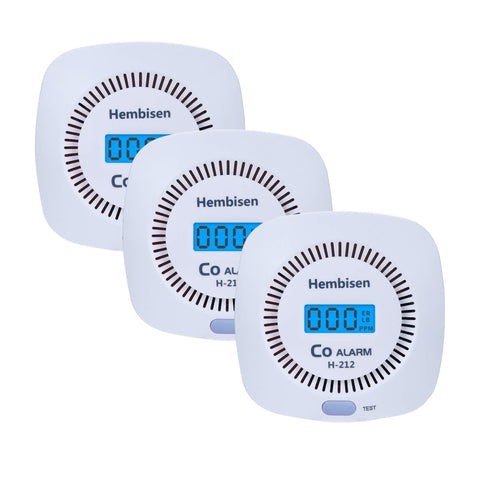 Hembisen CO detector 3-pack front view with digital display for home safety.